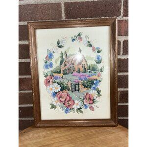Vintage Dimensions Floral Country cottage Cross Stitch COMPLETE In wooden frame